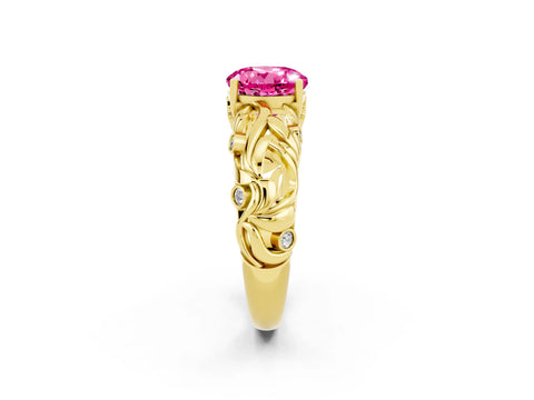 Yellow gold Round Cut Solitaire Pink Sapphire Leaf-Inspired Vine Band Ring with Prong Setting_26