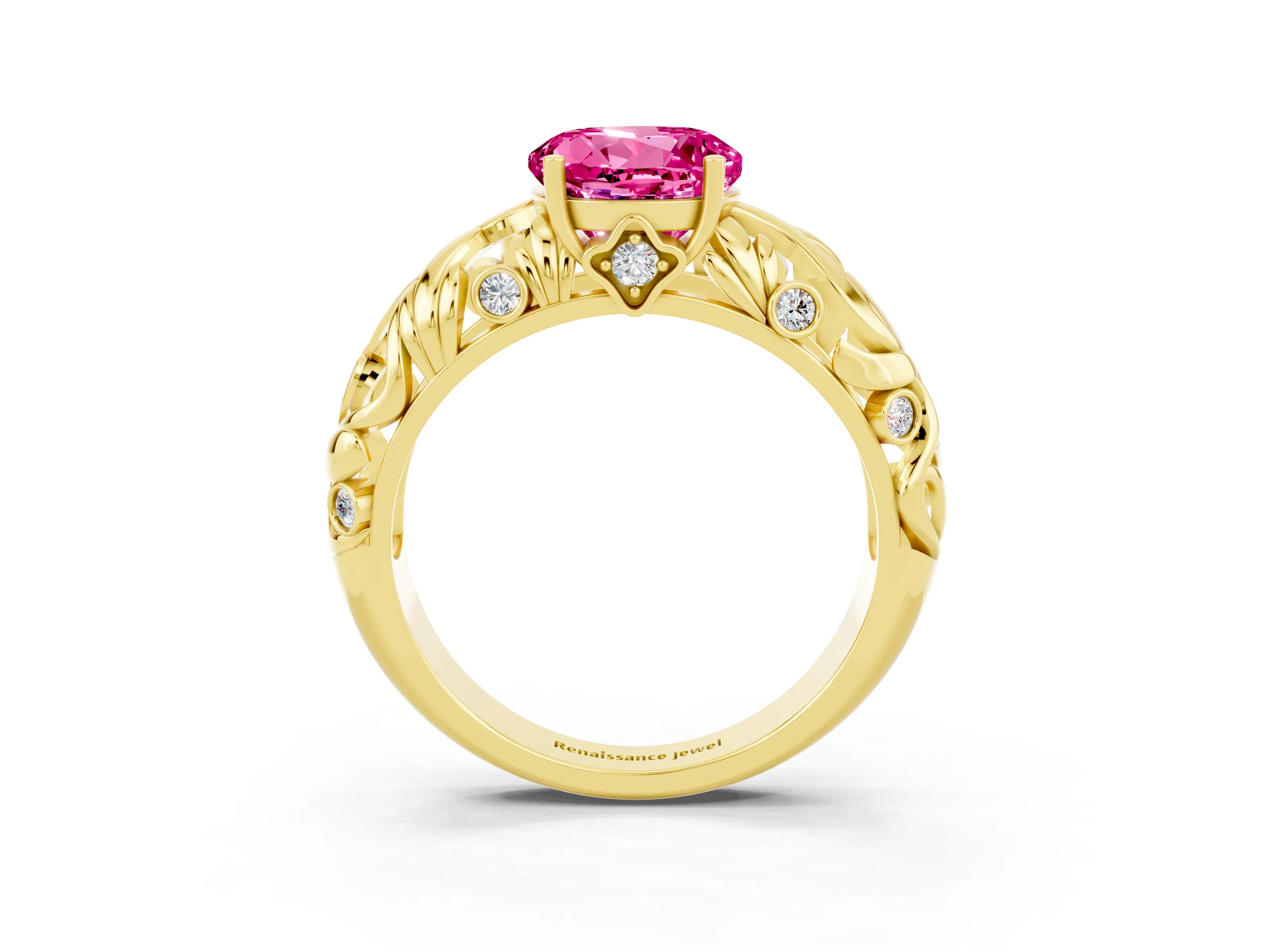 Yellow gold Round Cut Solitaire Pink Sapphire Leaf-Inspired Vine Band Ring with Prong Setting_27