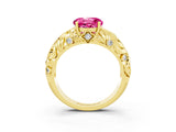 Yellow gold Round Cut Solitaire Pink Sapphire Leaf-Inspired Vine Band Ring with Prong Setting_27