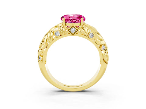 Yellow gold Round Cut Solitaire Pink Sapphire Leaf-Inspired Vine Band Ring with Prong Setting_27