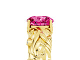 Yellow gold Round Cut Solitaire Pink Sapphire Leaf-Inspired Vine Band Ring with Prong Setting_29