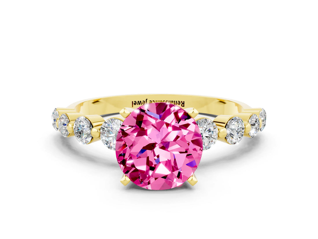 Yellow gold Round Cut Solitaire Pink Sapphire Ring with Pave Band and Four-Prong Setting_24