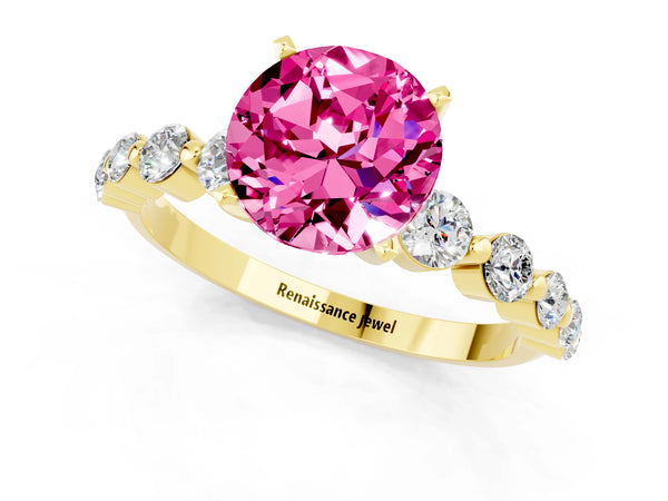 Yellow gold Round Cut Solitaire Pink Sapphire Ring with Pave Band and Four-Prong Setting