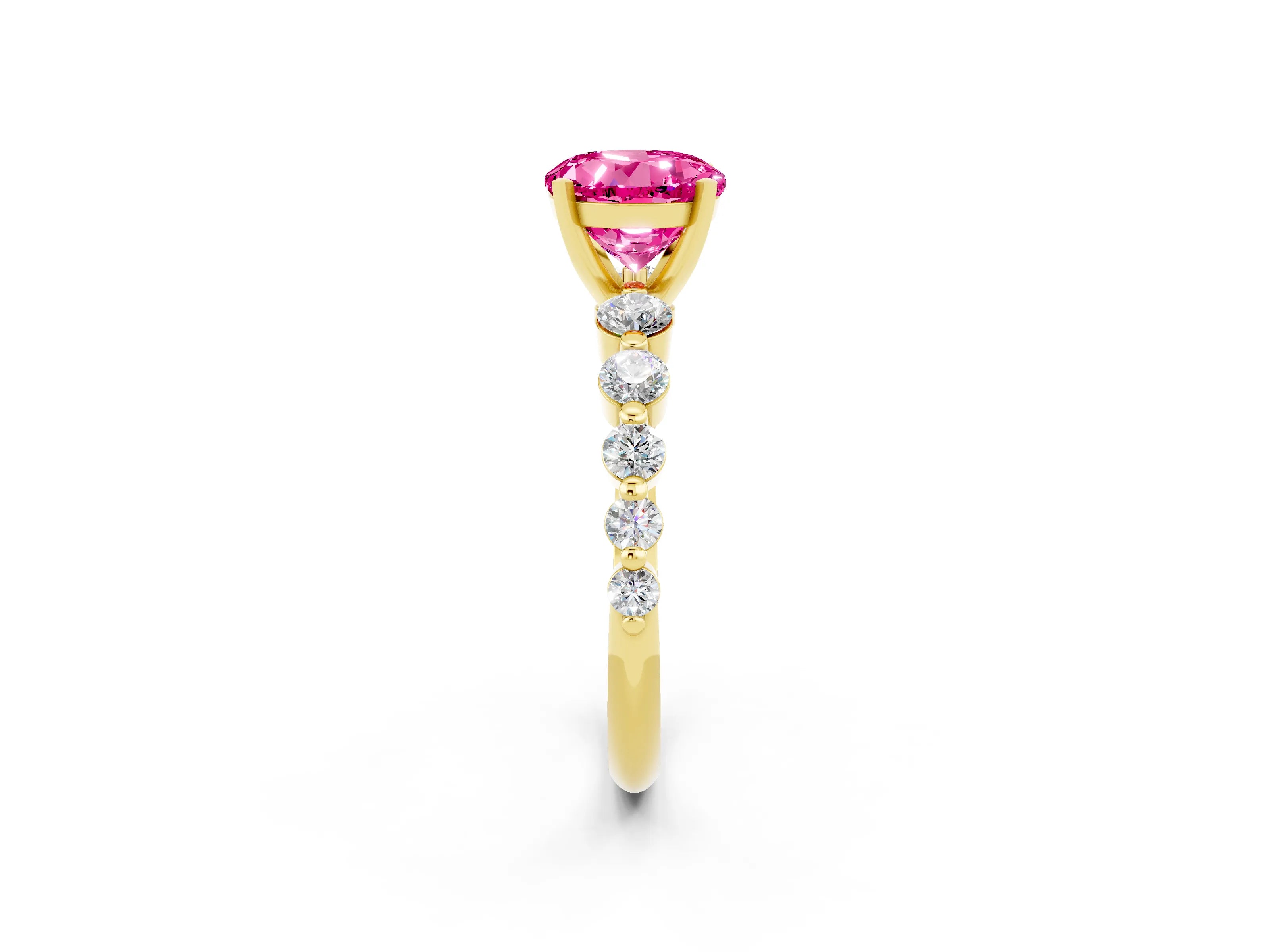 Yellow gold Round Cut Solitaire Pink Sapphire Ring with Pave Band and Four-Prong Setting_26