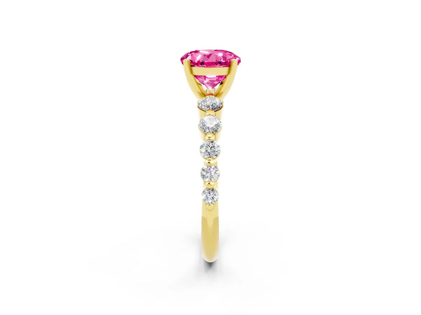 Yellow gold Round Cut Solitaire Pink Sapphire Ring with Pave Band and Four-Prong Setting