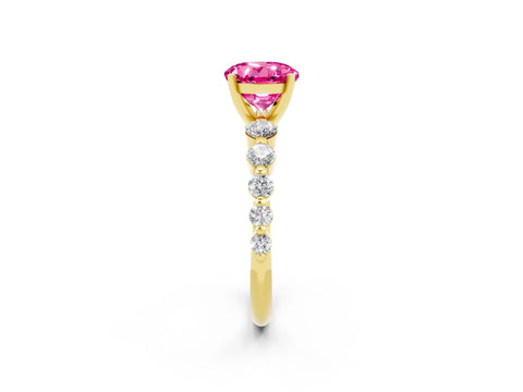 Yellow gold Round Cut Solitaire Pink Sapphire Ring with Pave Band and Four-Prong Setting_26