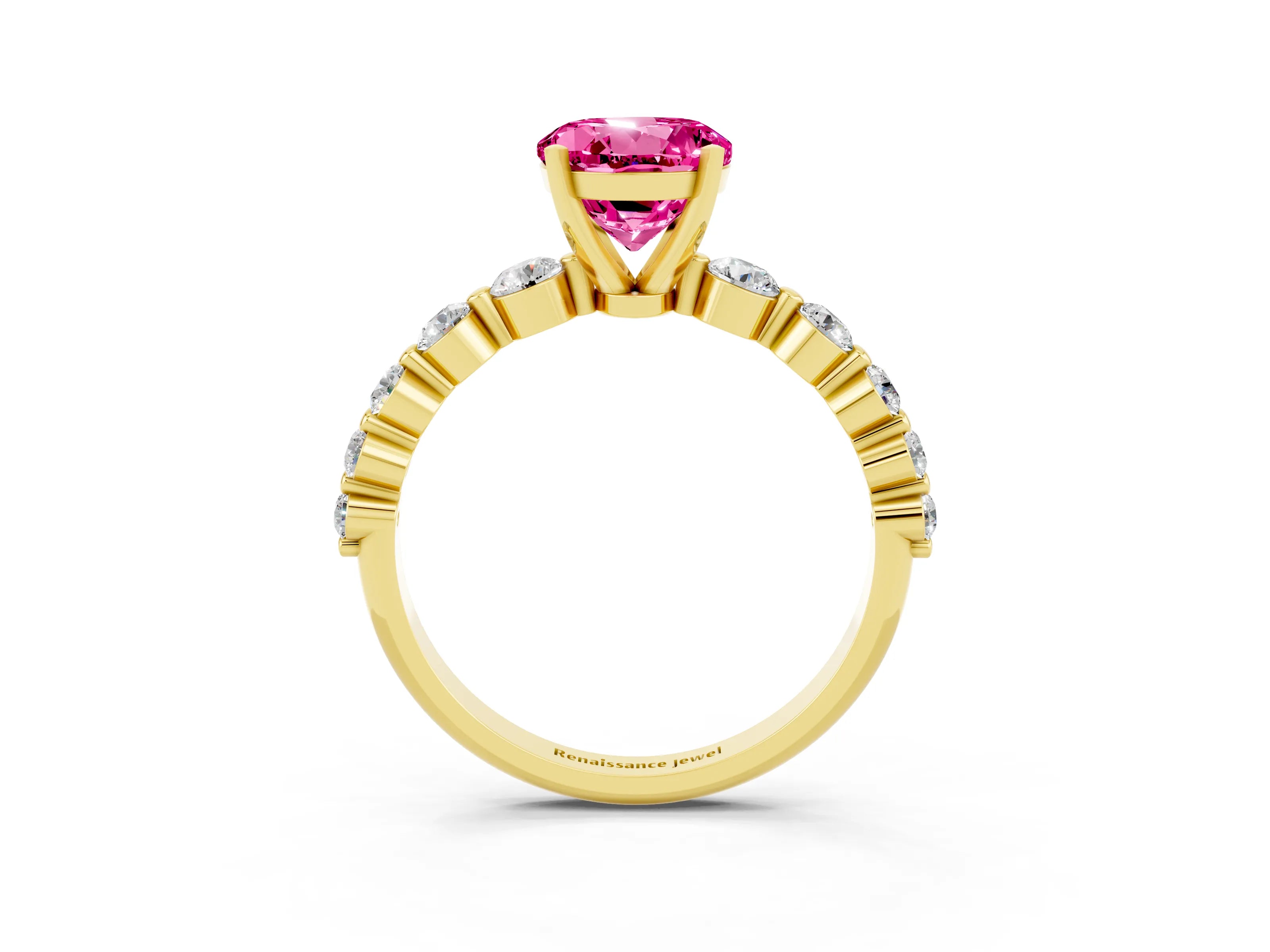 Yellow gold Round Cut Solitaire Pink Sapphire Ring with Pave Band and Four-Prong Setting_27