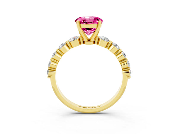 Yellow gold Round Cut Solitaire Pink Sapphire Ring with Pave Band and Four-Prong Setting