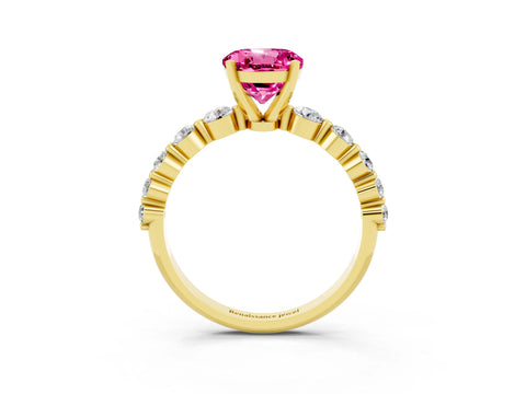 Yellow gold Round Cut Solitaire Pink Sapphire Ring with Pave Band and Four-Prong Setting_27