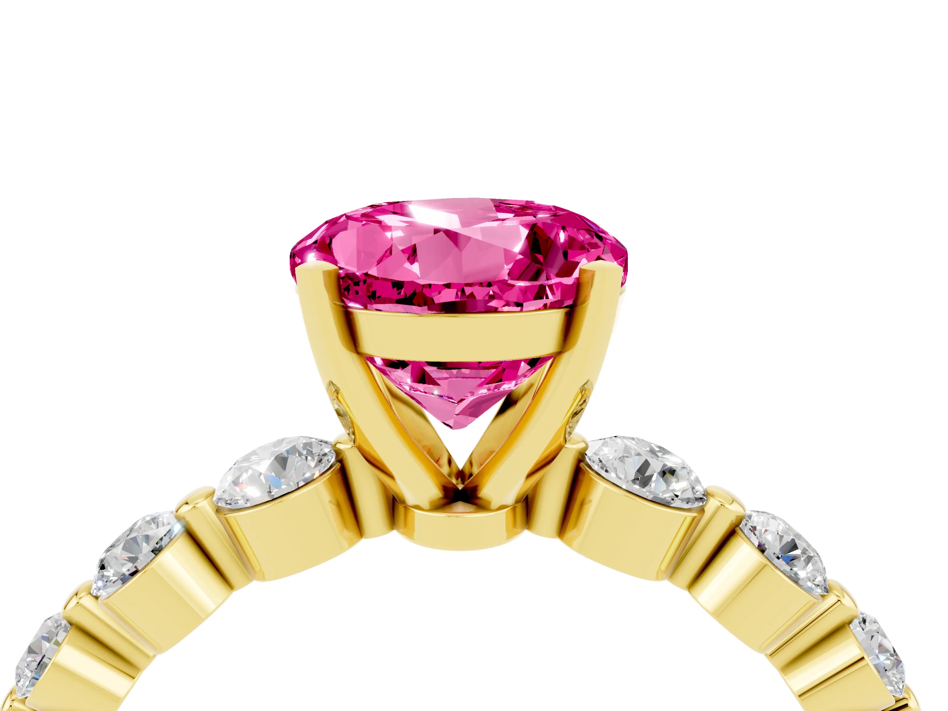 Yellow gold Round Cut Solitaire Pink Sapphire Ring with Pave Band and Four-Prong Setting_28