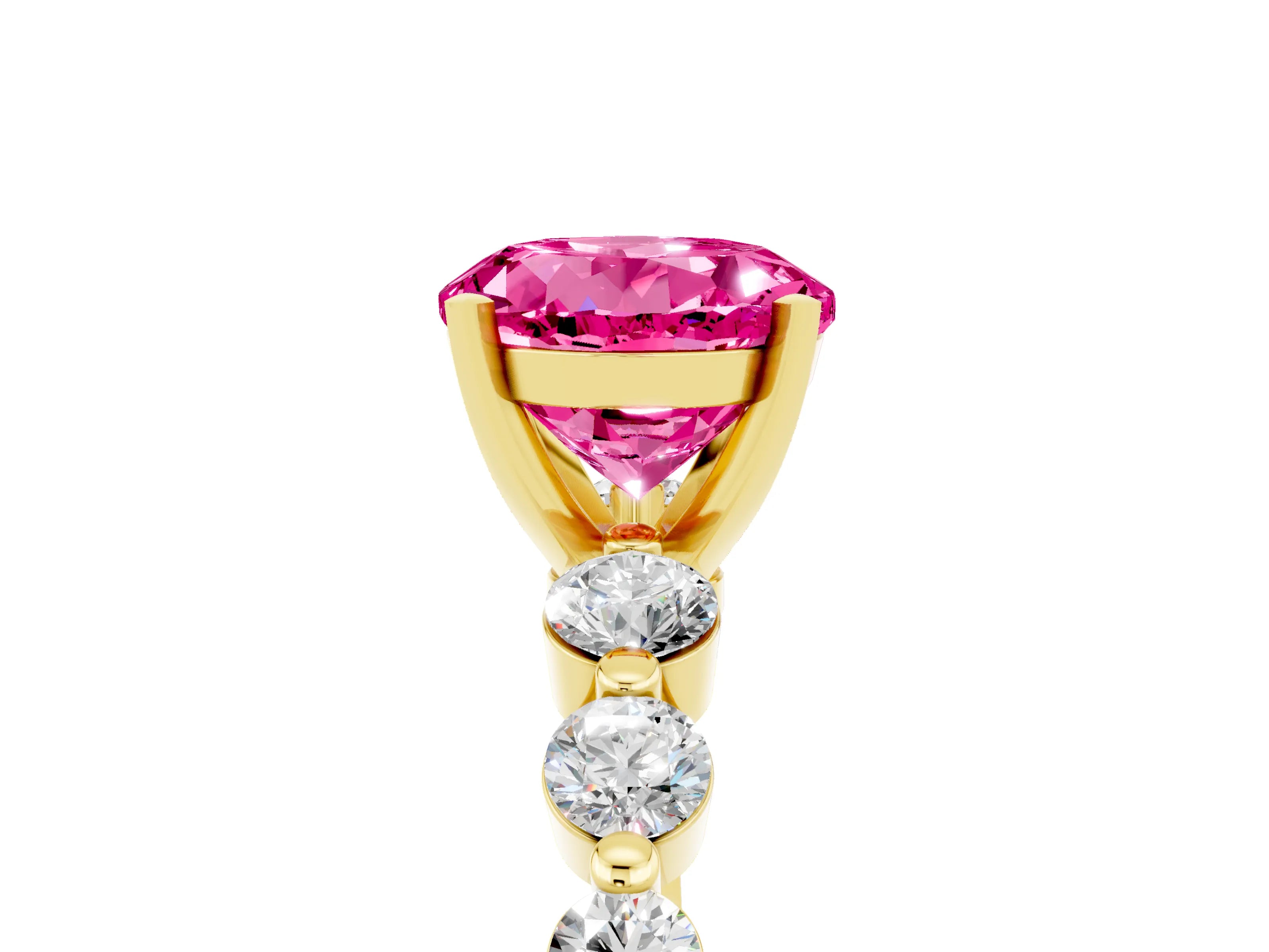 Yellow gold Round Cut Solitaire Pink Sapphire Ring with Pave Band and Four-Prong Setting_29