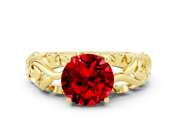 Yellow gold Round Cut Solitaire Ruby Leaf-Inspired Vine Band Ring with Prong Setting