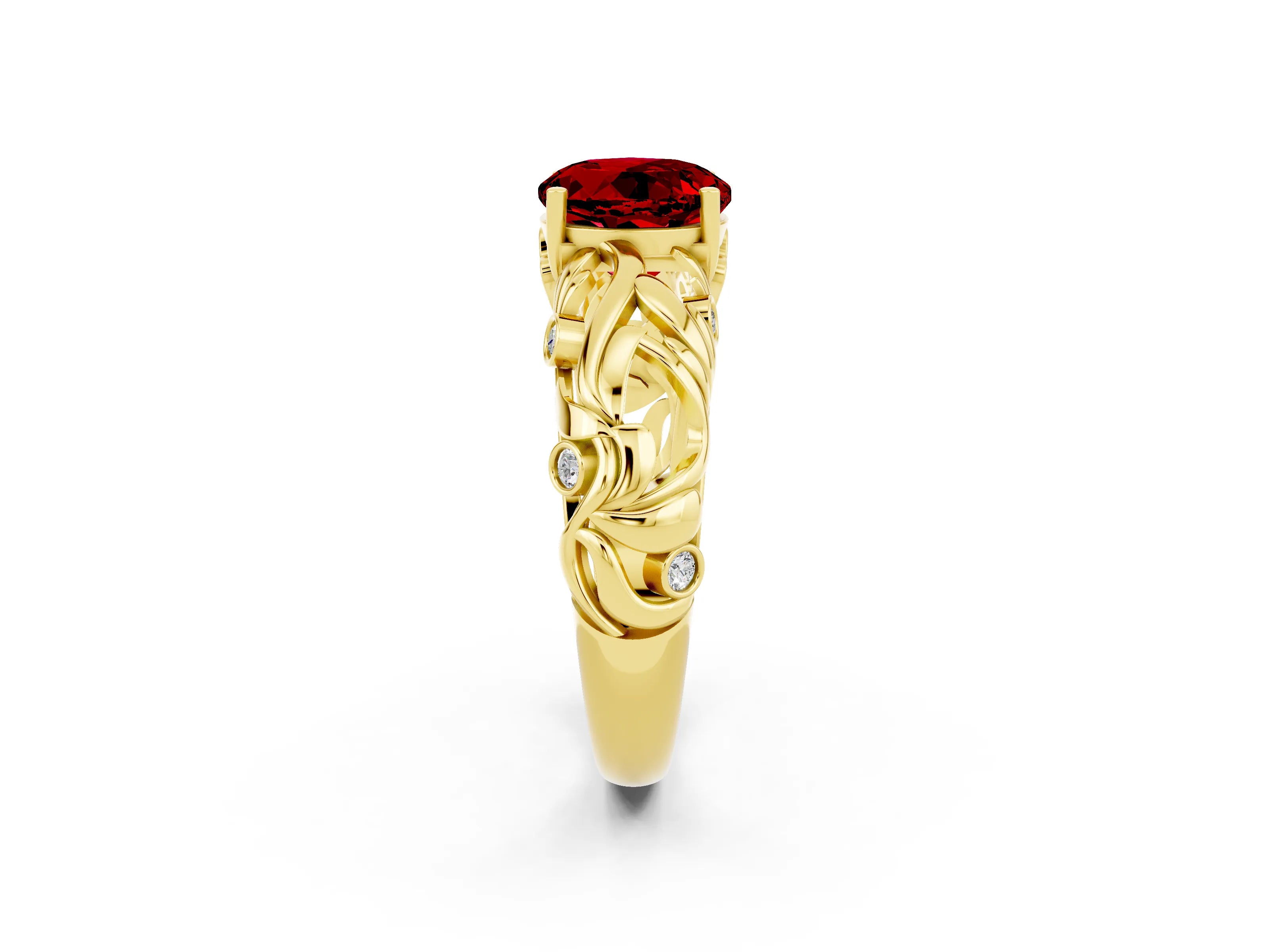 Yellow gold Round Cut Solitaire Ruby Leaf-Inspired Vine Band Ring with Prong Setting_2