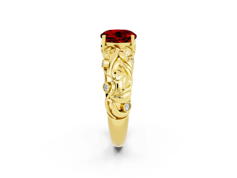 Yellow gold Round Cut Solitaire Ruby Leaf-Inspired Vine Band Ring with Prong Setting_2