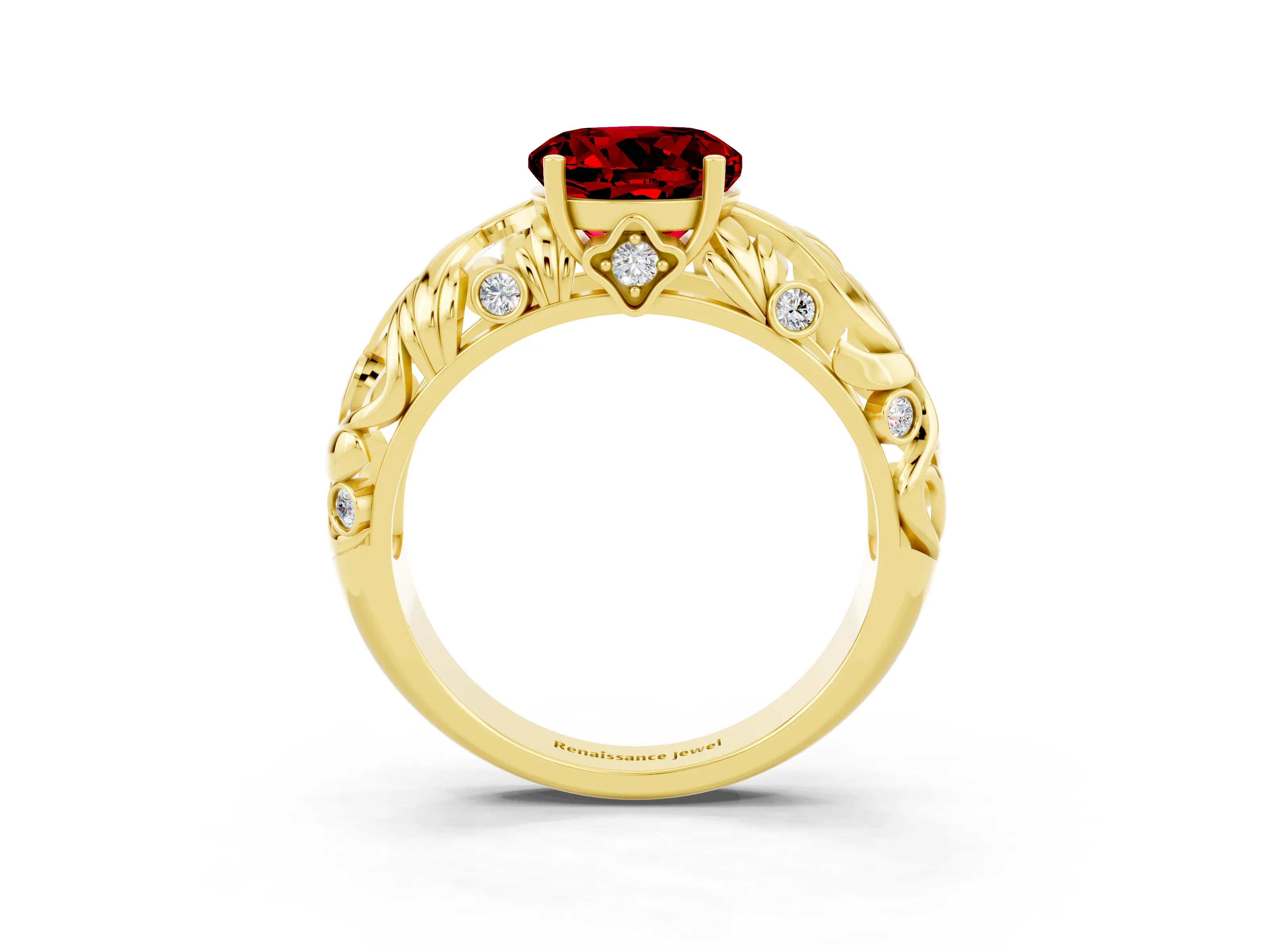 Yellow gold Round Cut Solitaire Ruby Leaf-Inspired Vine Band Ring with Prong Setting_3