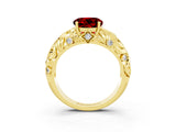 Yellow gold Round Cut Solitaire Ruby Leaf-Inspired Vine Band Ring with Prong Setting_3