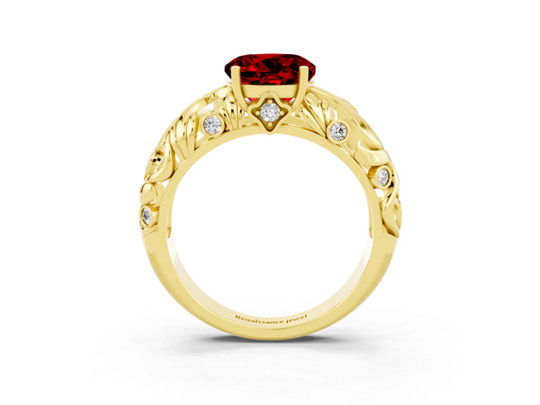 Yellow gold Round Cut Solitaire Ruby Leaf-Inspired Vine Band Ring with Prong Setting
