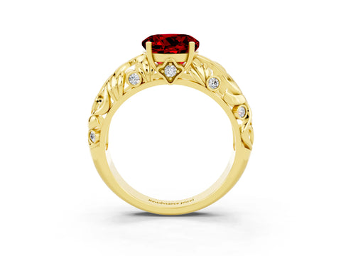 Yellow gold Round Cut Solitaire Ruby Leaf-Inspired Vine Band Ring with Prong Setting_3