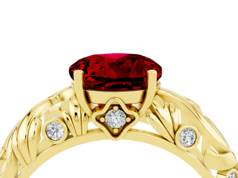 Yellow gold Round Cut Solitaire Ruby Leaf-Inspired Vine Band Ring with Prong Setting_4