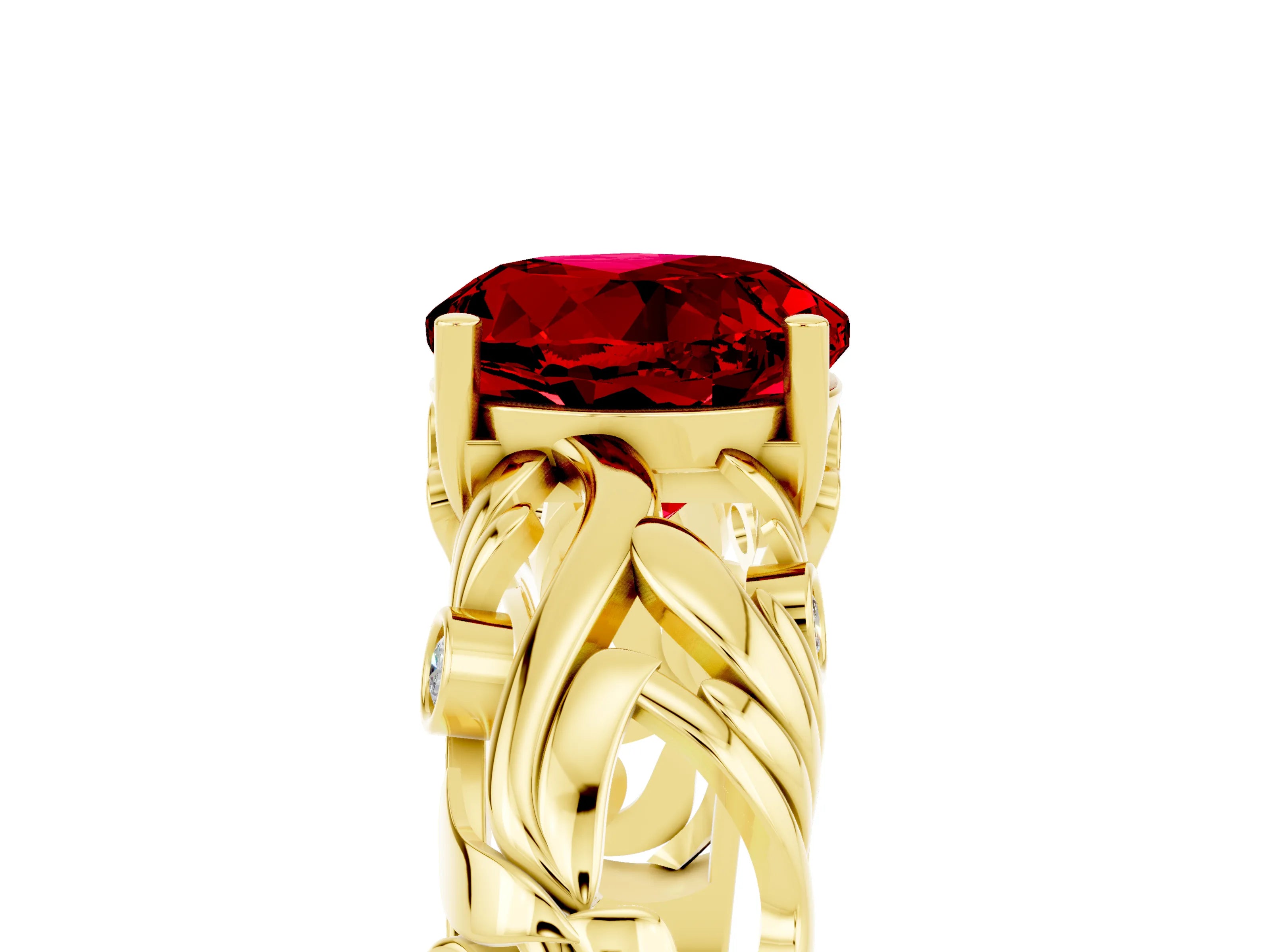 Yellow gold Round Cut Solitaire Ruby Leaf-Inspired Vine Band Ring with Prong Setting_5