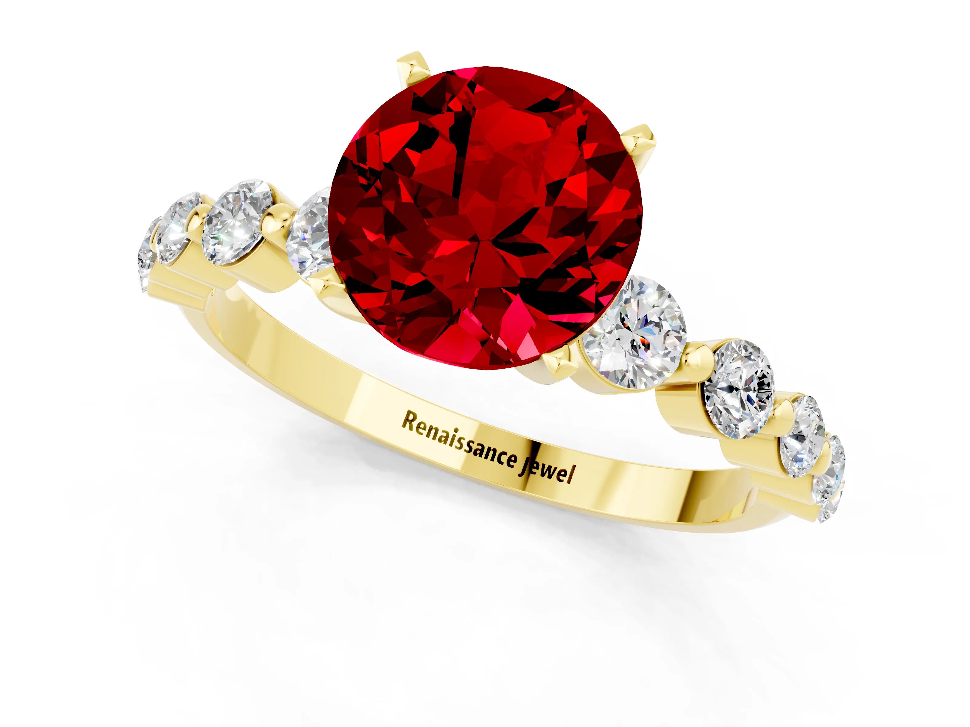 Yellow gold Round Cut Solitaire Ruby Ring with Pave Band and Four-Prong Setting_1