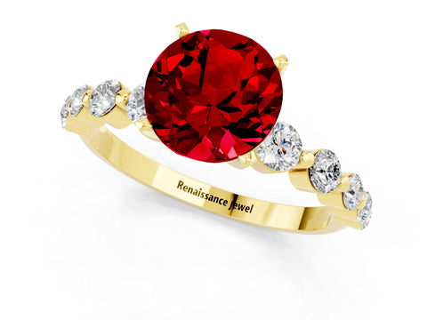 Yellow gold Round Cut Solitaire Ruby Ring with Pave Band and Four-Prong Setting_1