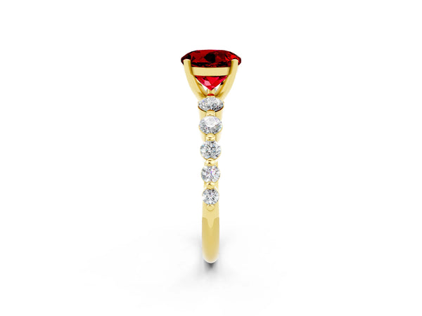 Yellow gold Round Cut Solitaire Ruby Ring with Pave Band and Four-Prong Setting