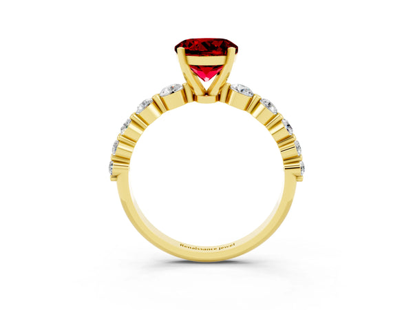 Yellow gold Round Cut Solitaire Ruby Ring with Pave Band and Four-Prong Setting