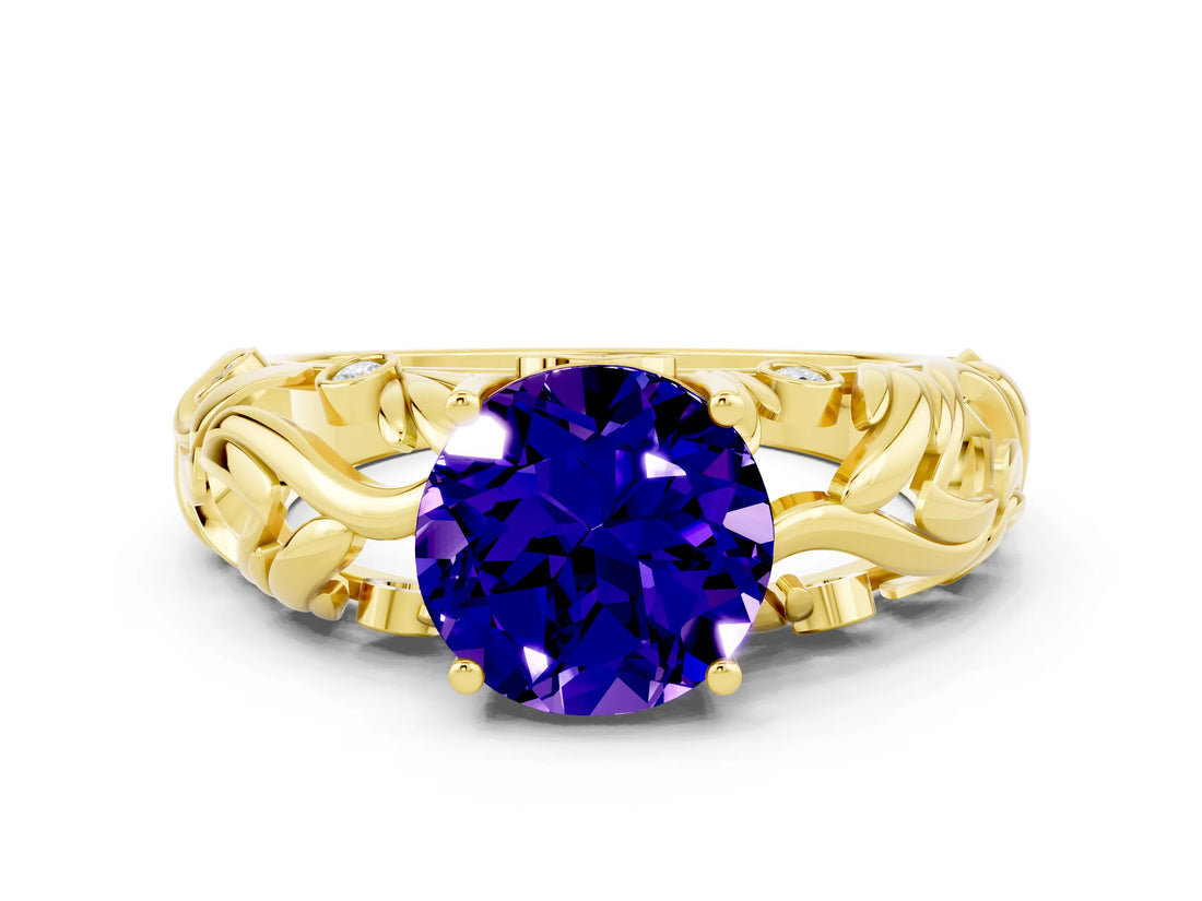 Yellow gold Round Cut Solitaire Tanzanite Leaf-Inspired Vine Band Ring with Prong Setting