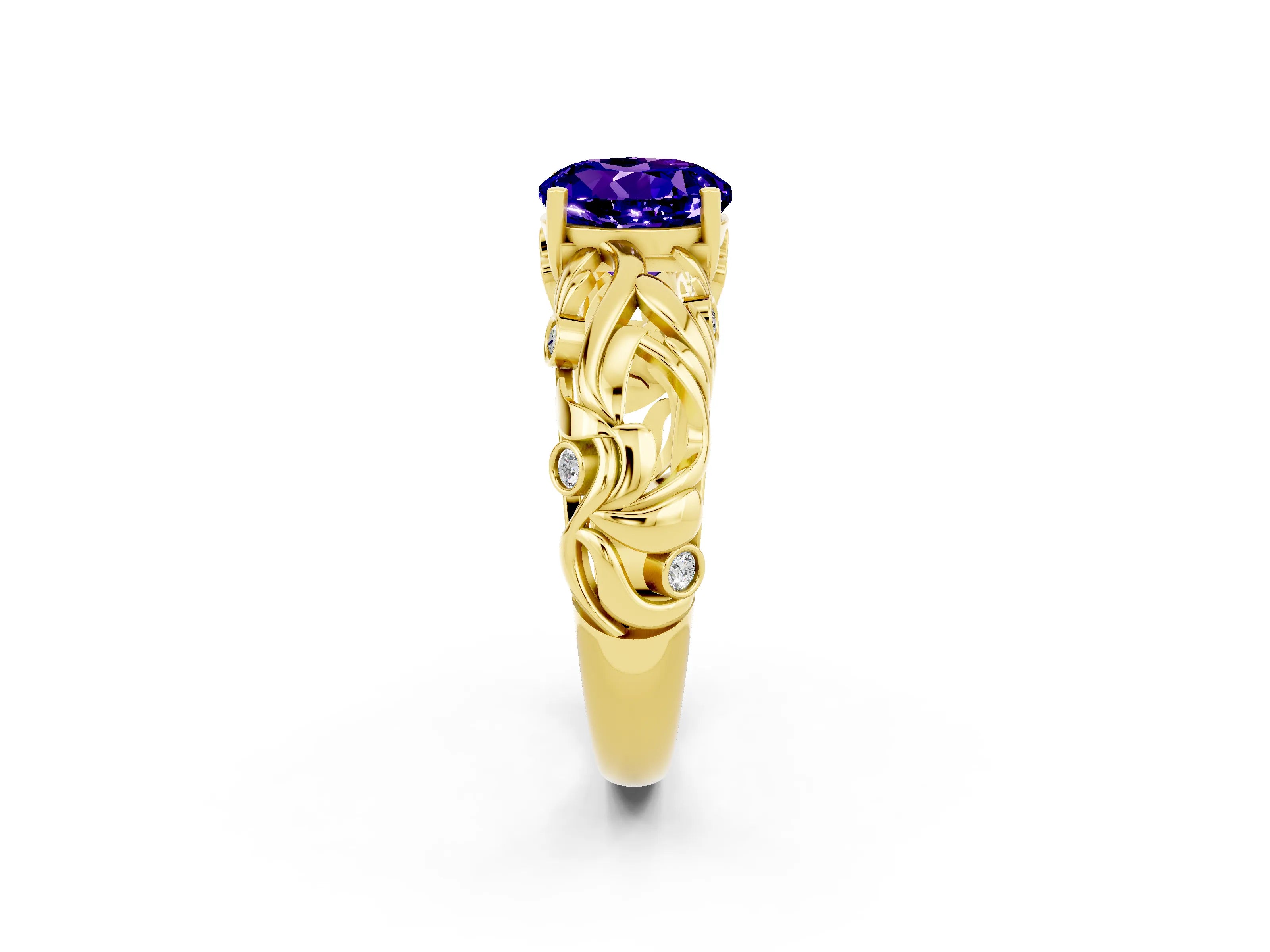 Yellow gold Round Cut Solitaire Tanzanite Leaf-Inspired Vine Band Ring with Prong Setting_2