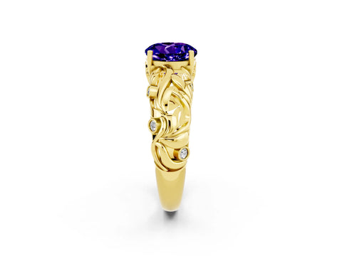 Yellow gold Round Cut Solitaire Tanzanite Leaf-Inspired Vine Band Ring with Prong Setting_2