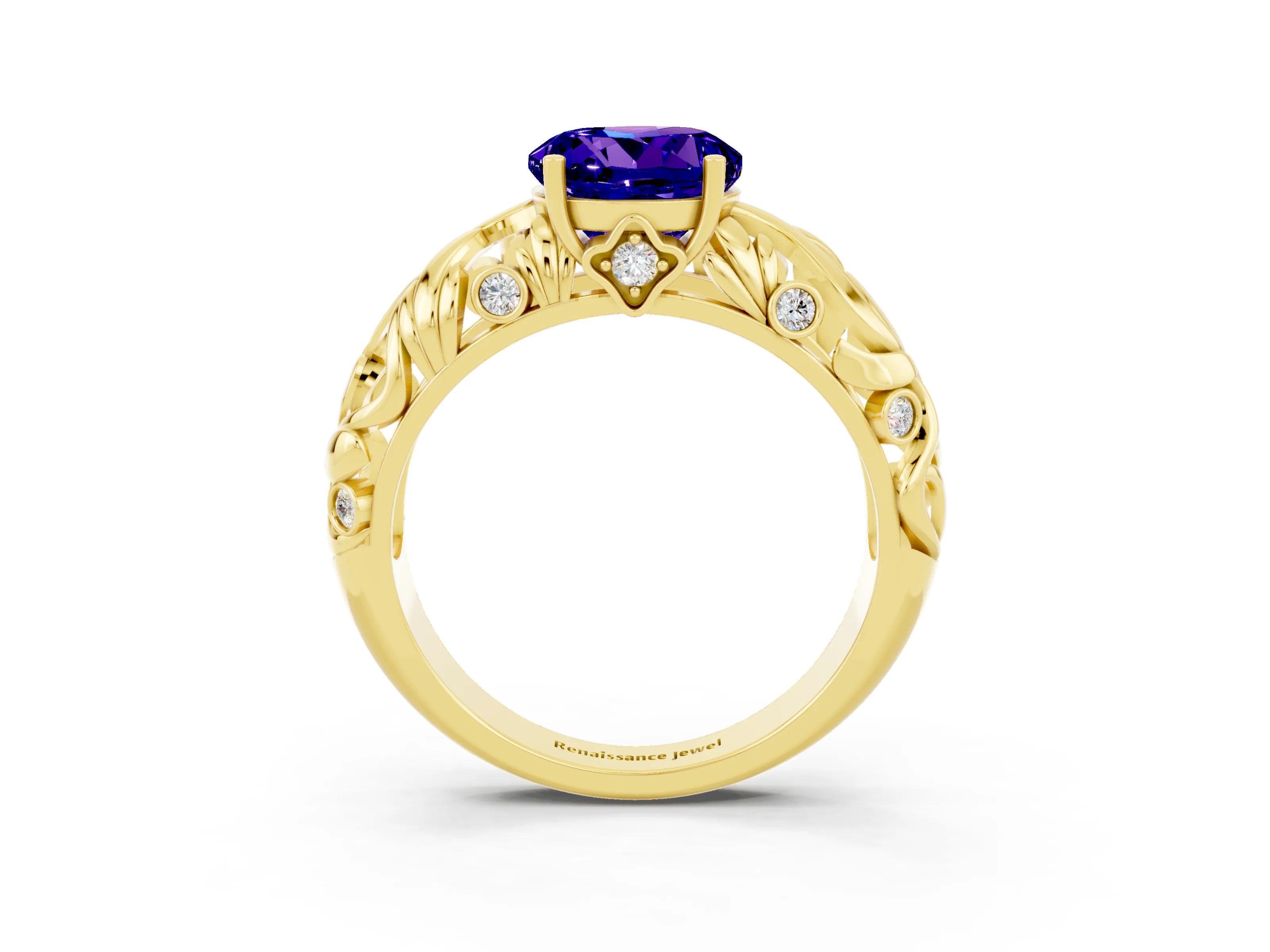Yellow gold Round Cut Solitaire Tanzanite Leaf-Inspired Vine Band Ring with Prong Setting_3
