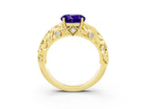 Yellow gold Round Cut Solitaire Tanzanite Leaf-Inspired Vine Band Ring with Prong Setting_3