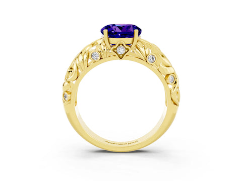 Yellow gold Round Cut Solitaire Tanzanite Leaf-Inspired Vine Band Ring with Prong Setting_3