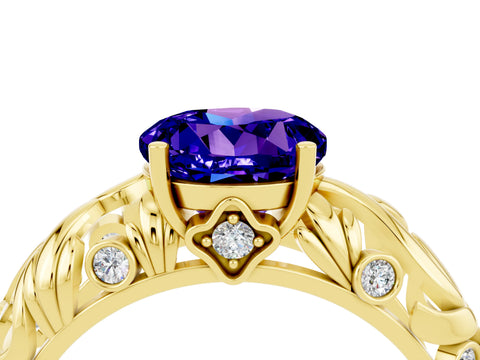 Yellow gold Round Cut Solitaire Tanzanite Leaf-Inspired Vine Band Ring with Prong Setting_4