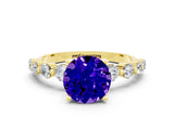 Yellow gold Round Cut Solitaire Tanzanite Ring with Pave Band and Four-Prong Setting