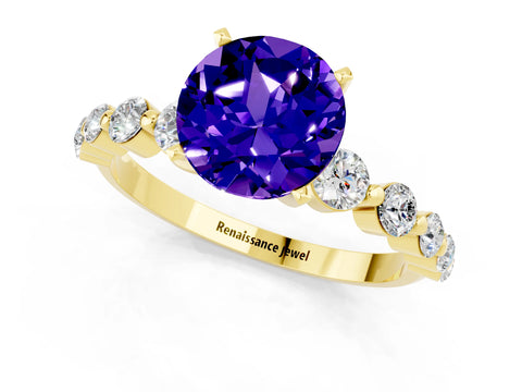 Yellow gold Round Cut Solitaire Tanzanite Ring with Pave Band and Four-Prong Setting_1