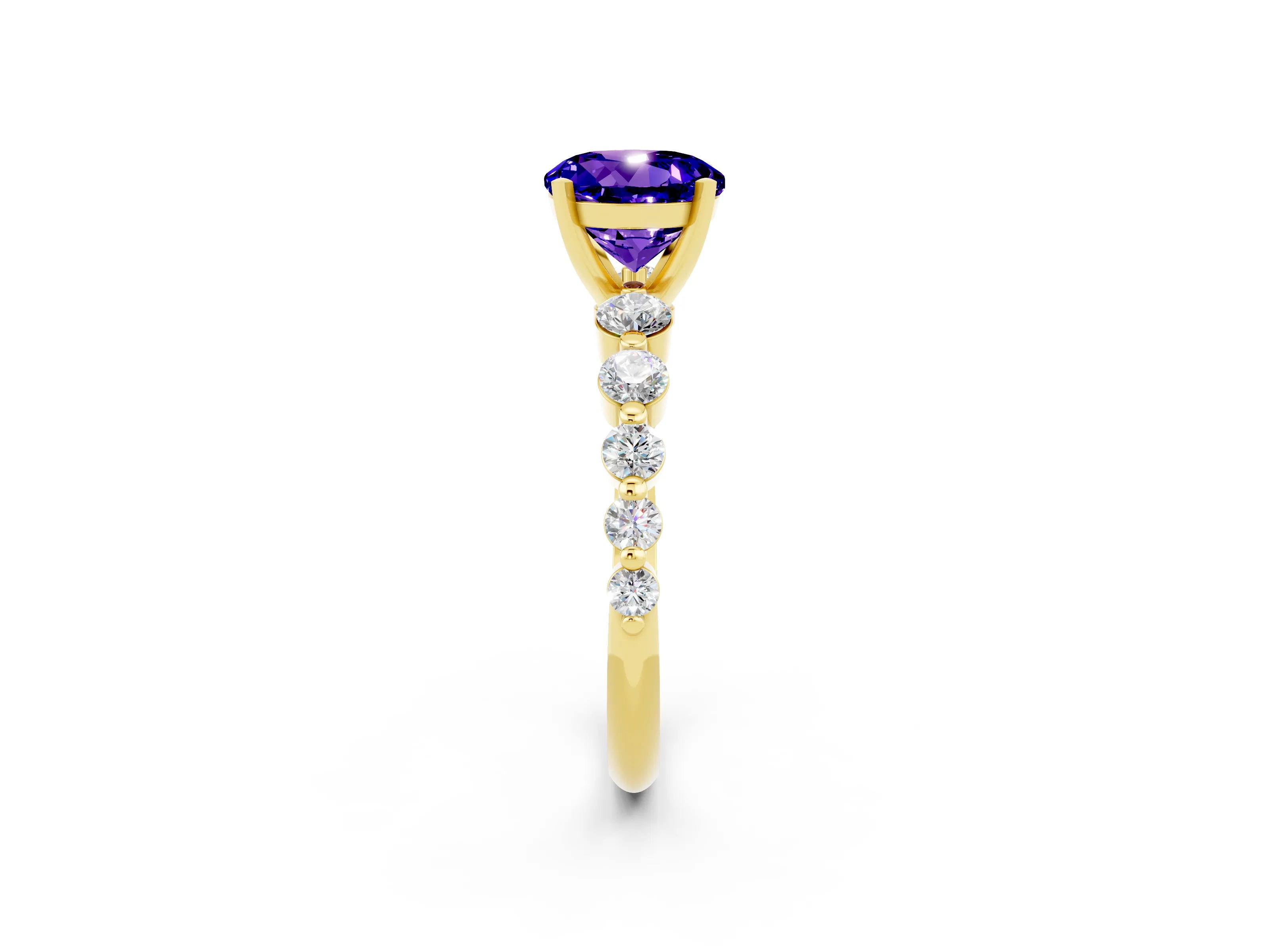 Yellow gold Round Cut Solitaire Tanzanite Ring with Pave Band and Four-Prong Setting_2