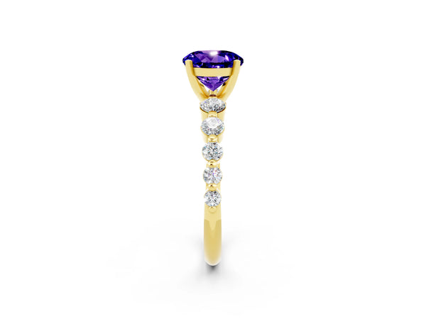 Yellow gold Round Cut Solitaire Tanzanite Ring with Pave Band and Four-Prong Setting