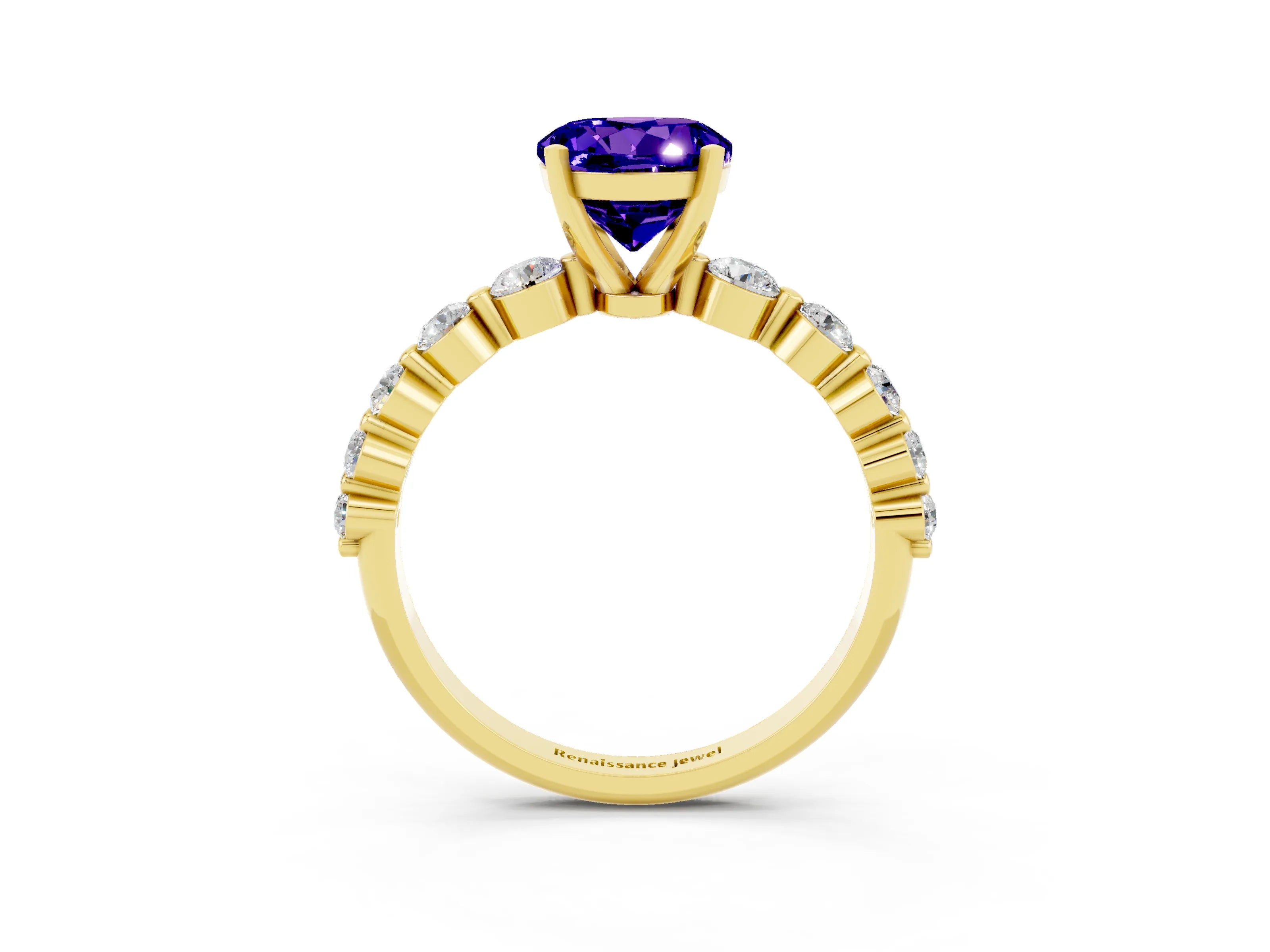 Yellow gold Round Cut Solitaire Tanzanite Ring with Pave Band and Four-Prong Setting_3