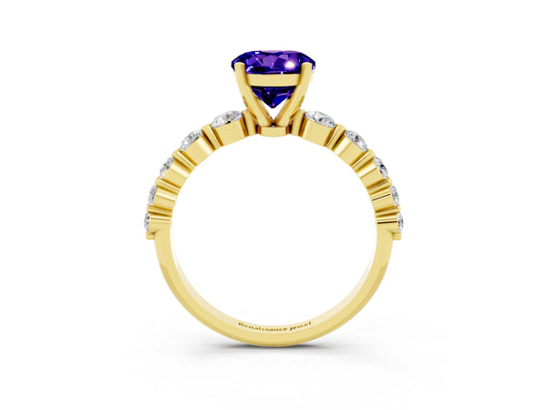 Yellow gold Round Cut Solitaire Tanzanite Ring with Pave Band and Four-Prong Setting