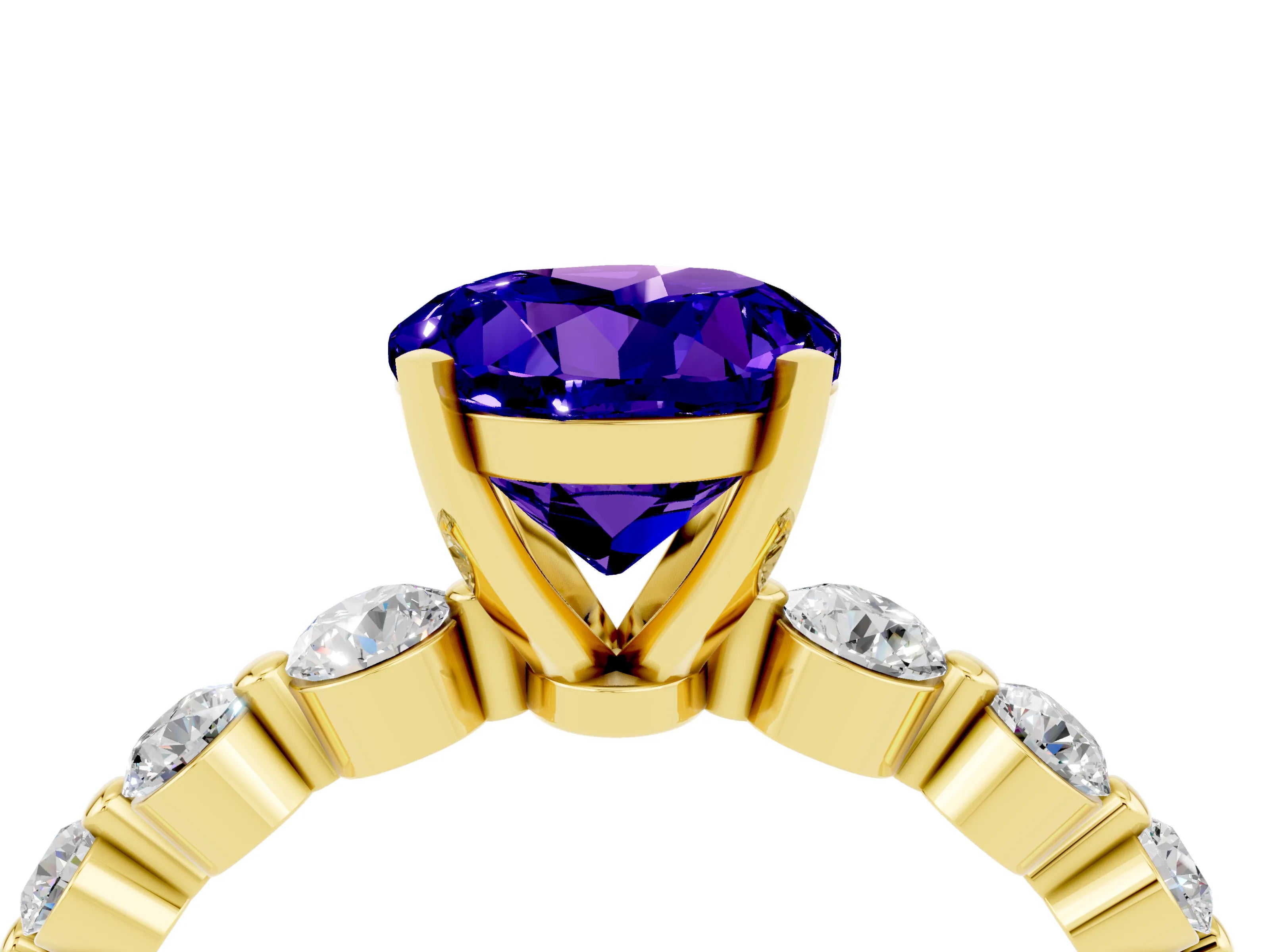 Yellow gold Round Cut Solitaire Tanzanite Ring with Pave Band and Four-Prong Setting_4