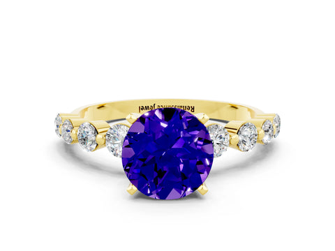 Yellow gold Round Cut Solitaire Tanzanite Ring with Pave Band and Four-Prong Setting