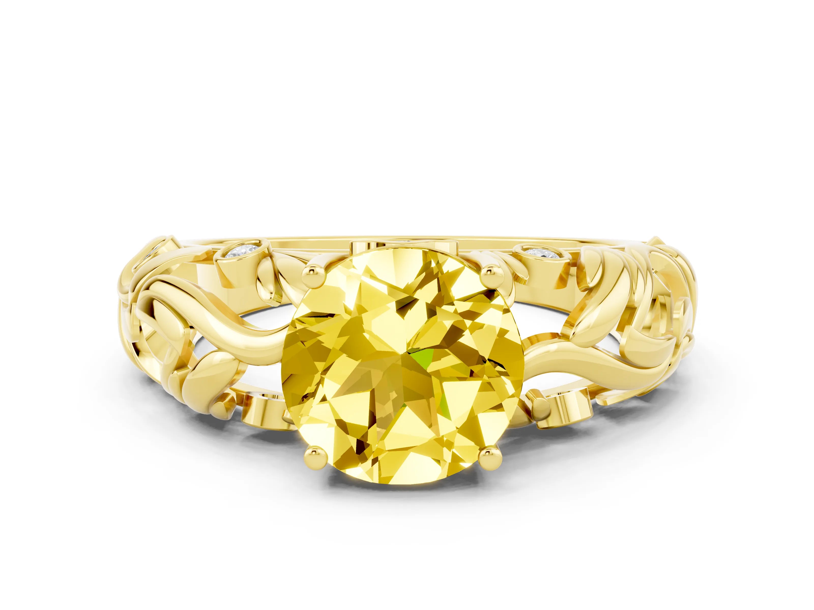 Yellow gold Round Cut Solitaire Yellow Sapphire Leaf-Inspired Vine Band Ring with Prong Setting_24