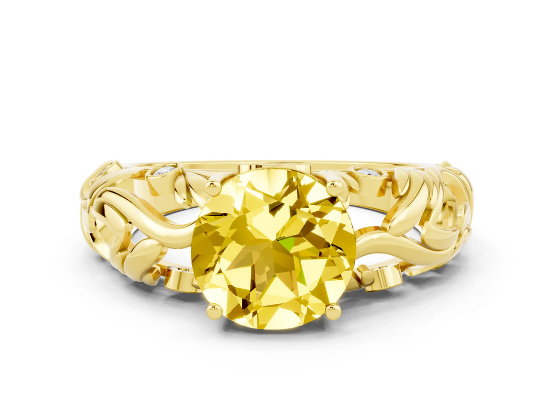 Yellow gold Round Cut Solitaire Yellow Sapphire Leaf-Inspired Vine Band Ring with Prong Setting_24