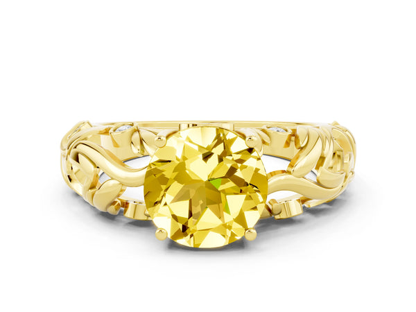 Yellow gold Round Cut Solitaire Yellow Sapphire Leaf-Inspired Vine Band Ring with Prong Setting