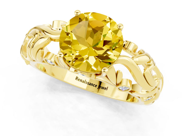 Yellow gold Round Cut Solitaire Yellow Sapphire Leaf-Inspired Vine Band Ring with Prong Setting