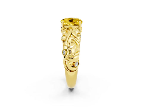 Yellow gold Round Cut Solitaire Yellow Sapphire Leaf-Inspired Vine Band Ring with Prong Setting_26