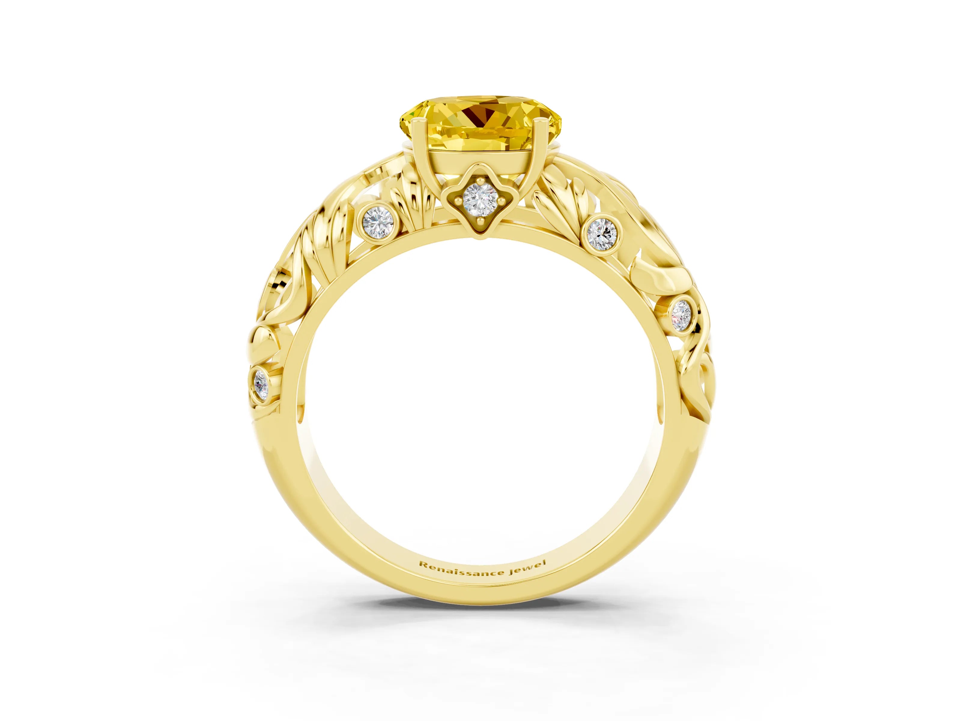Yellow gold Round Cut Solitaire Yellow Sapphire Leaf-Inspired Vine Band Ring with Prong Setting_27