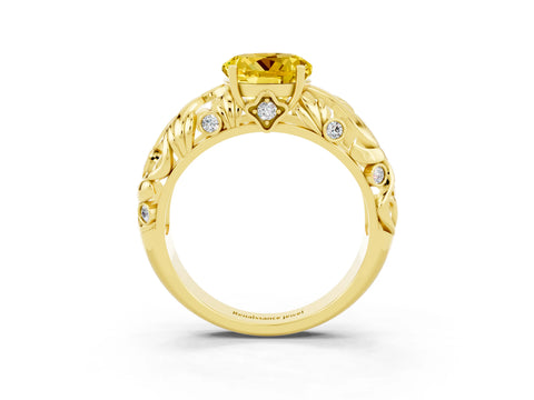 Yellow gold Round Cut Solitaire Yellow Sapphire Leaf-Inspired Vine Band Ring with Prong Setting_27